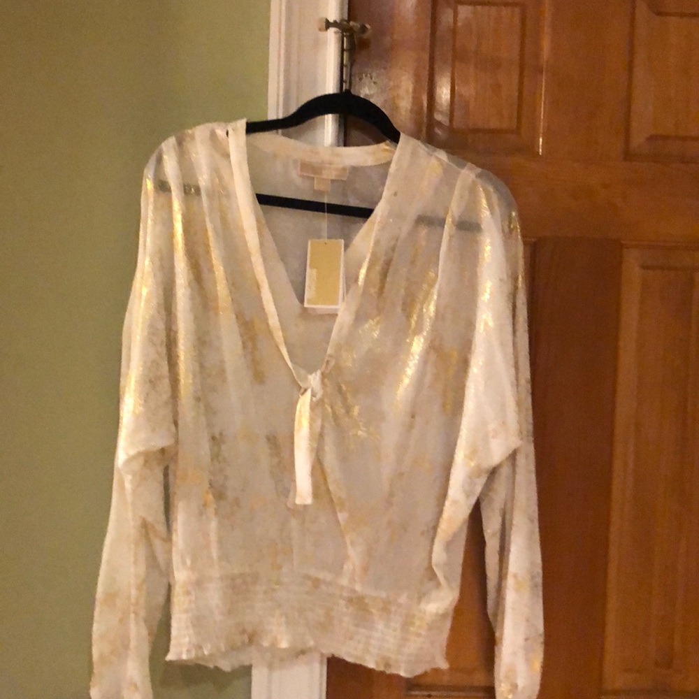 Michael Kors white and gold holiday blouse